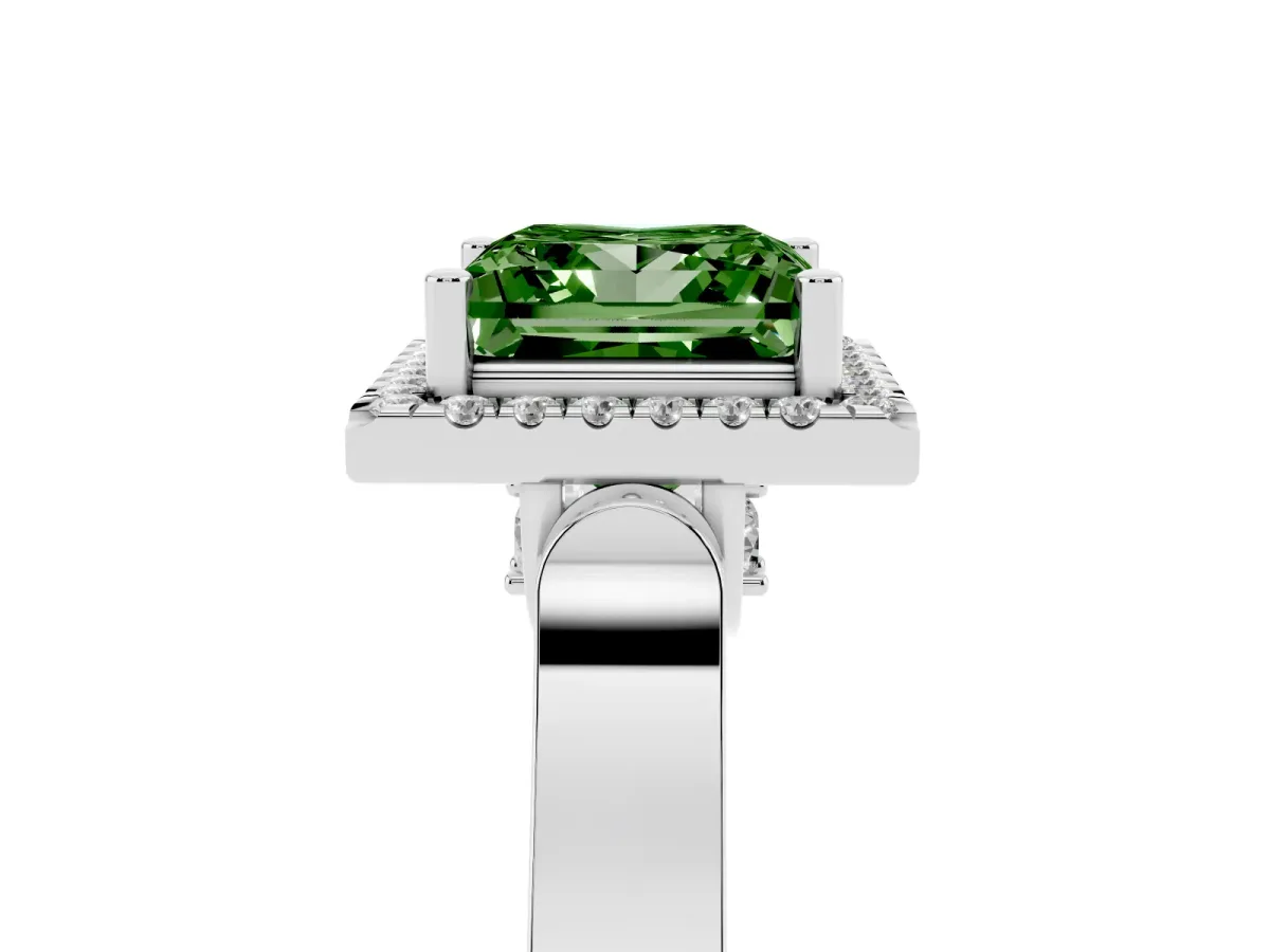 Fancy Green Princess Cut Halo Round Diamond Twist Band with Four-Prong Setting White gold