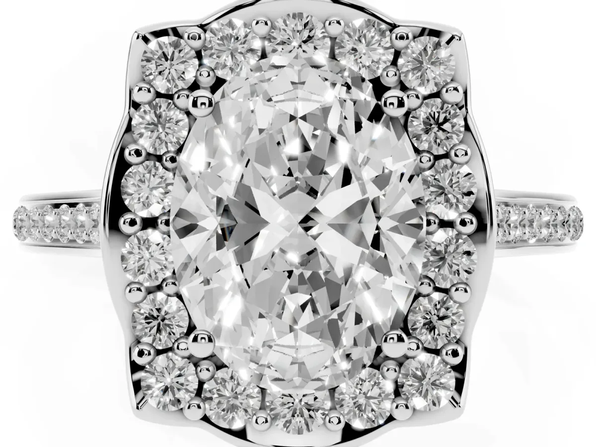 Oval Cut Halo Round Diamond Pave Band with Four-Prong Setting Silver