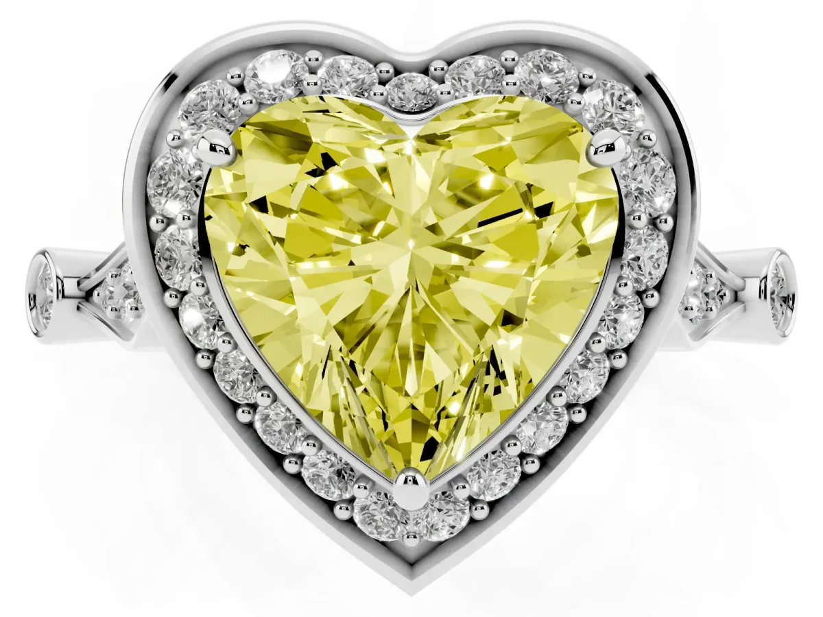 Fancy Yellow Heart Cut Halo Diamond Engagement Ring with Twisted Band and Four-Prong Setting Silver
