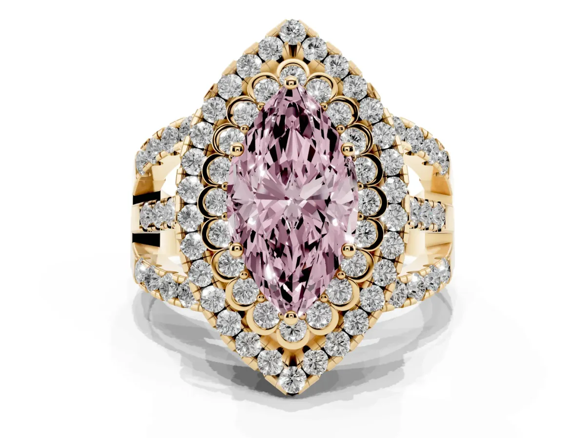 Fancy Pink Marquise Cut Diamond Double Halo Ring with Round Pavé Split Shank and Prong Setting Yellow gold
