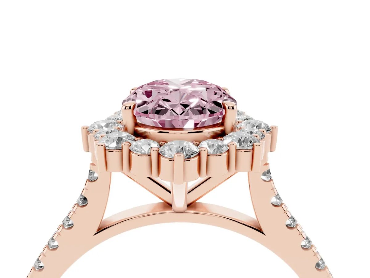 Fancy Pink Oval Cut Halo Diamond Ring with Pavé Band and Prong Setting Rose gold