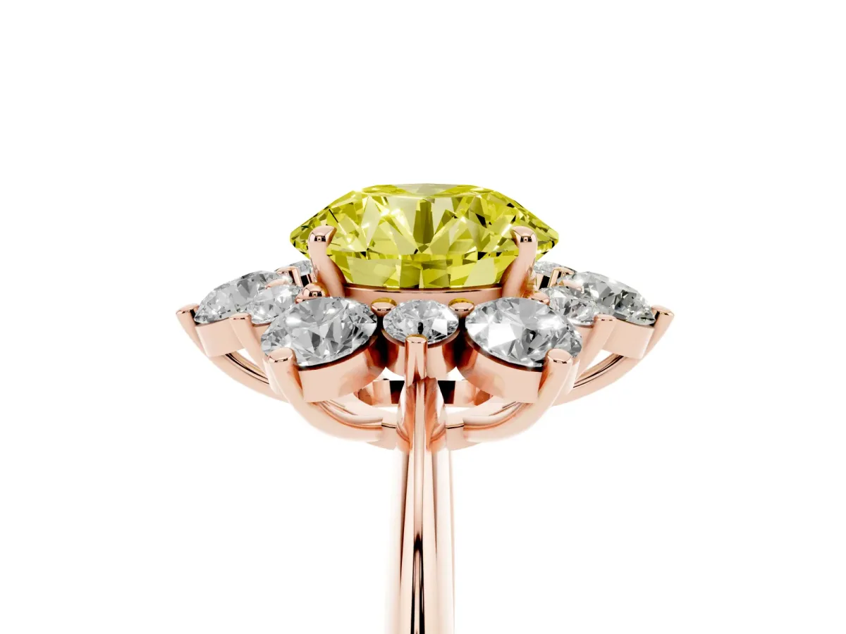 Fancy Yellow Round Cut Diamond Cluster Halo Ring with Solitaire Band and Four-Prong Setting Rose gold