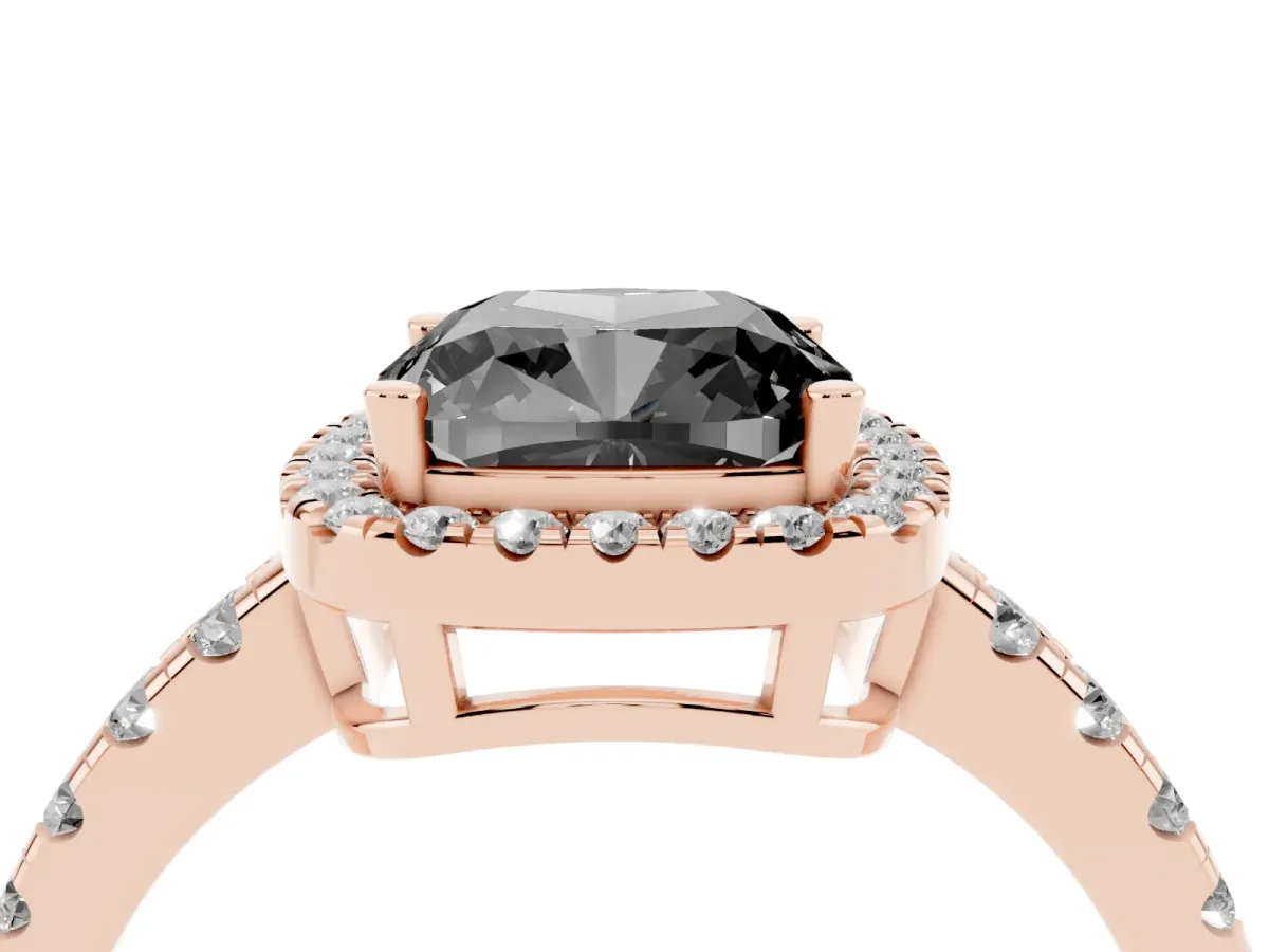 Fancy Black Cushion Cut Diamond Halo Ring with Pavé Band and Four-Prong Setting Rose gold