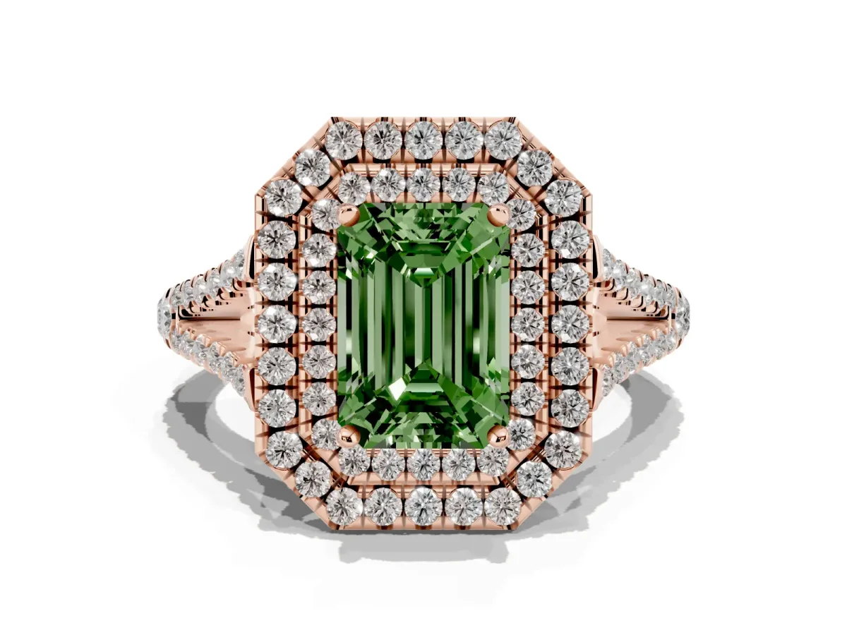 Fancy Green Emerald Cut Diamond Double Halo Ring with Pavé Band and Prong Setting Rose gold