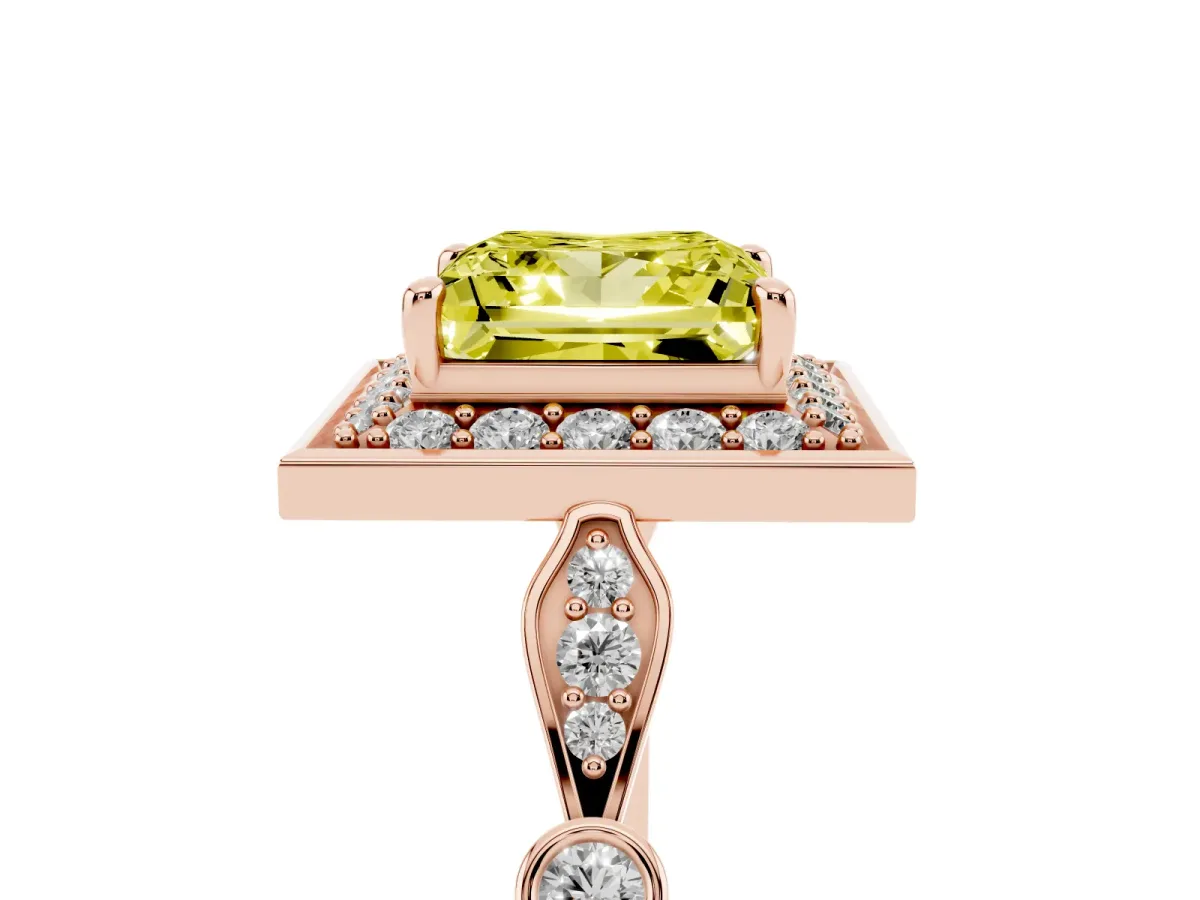 Fancy Yellow Princess Cut Halo Diamond Engagement Ring with Twisted Band and Four-Prong Setting Rose gold