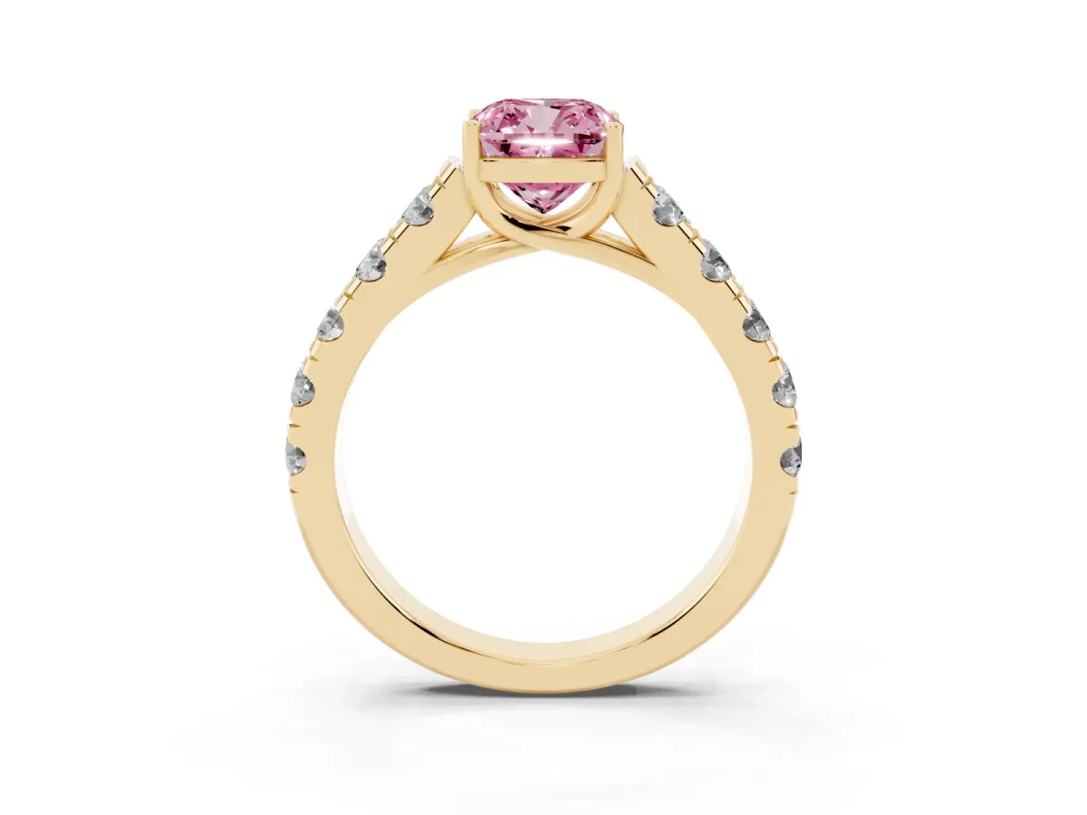 Fancy Pink Cushion Cut Cut Diamond Solitaire Ring with Micro Pave Band and Prong Setting Yellow gold