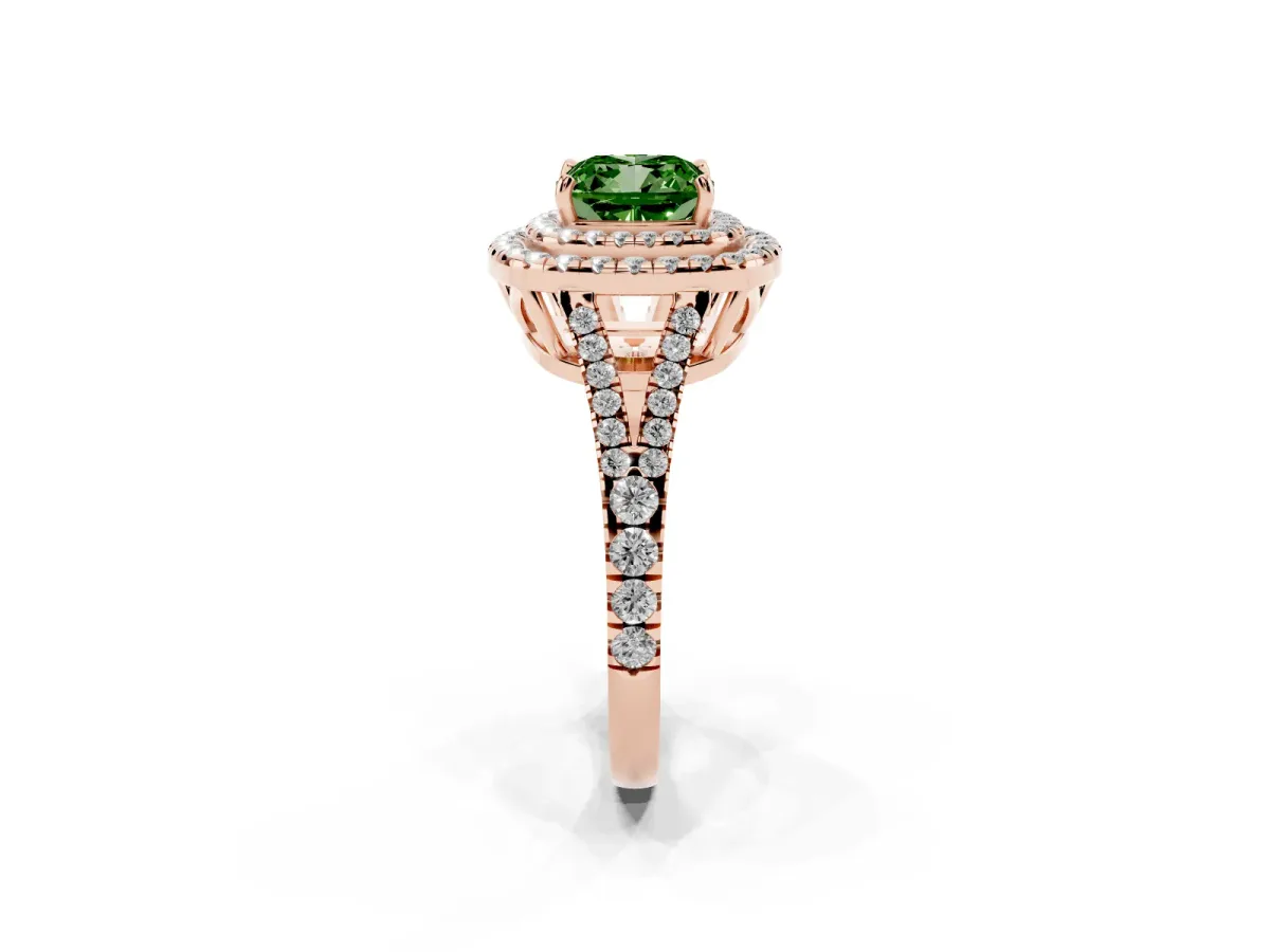 Fancy Green Cushion Cut Diamond Double Halo Ring with Pavé Band and Prong Setting Rose gold