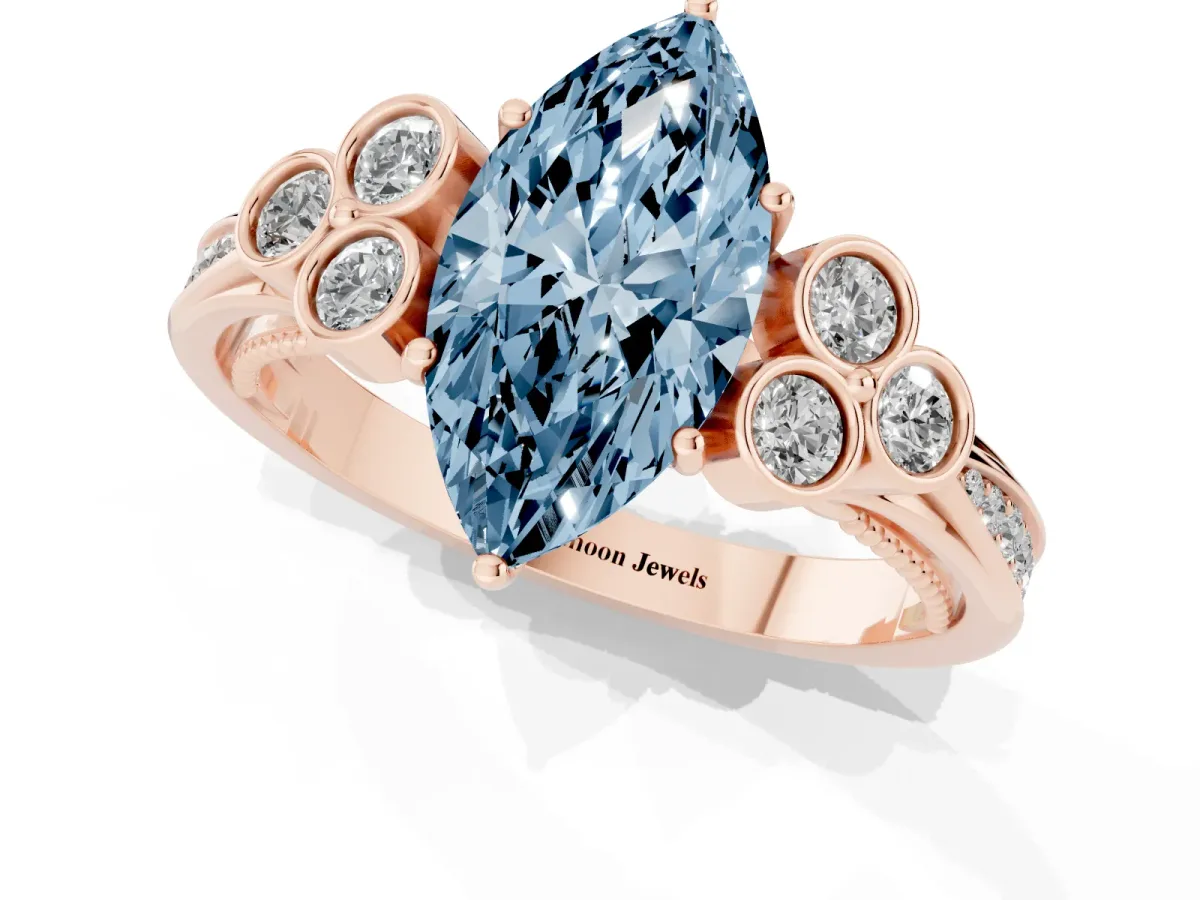 Fancy Blue Marquise Cut Cut Diamond Engagement Ring with Bezel Set Round Side Stones and Prong Setting Rose gold