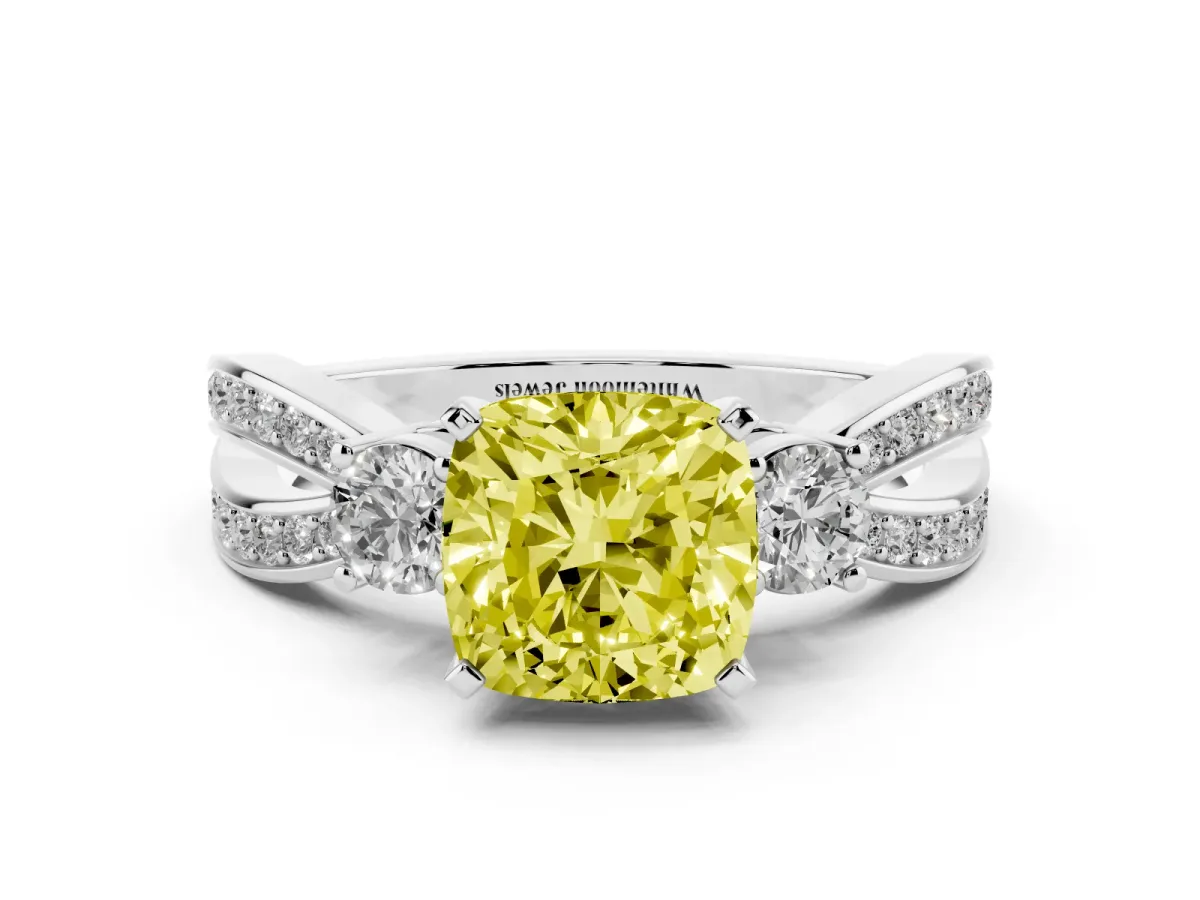 Fancy Yellow Three-Stone Cushion Cut Cut Diamond Twist Band with Prong Setting Silver