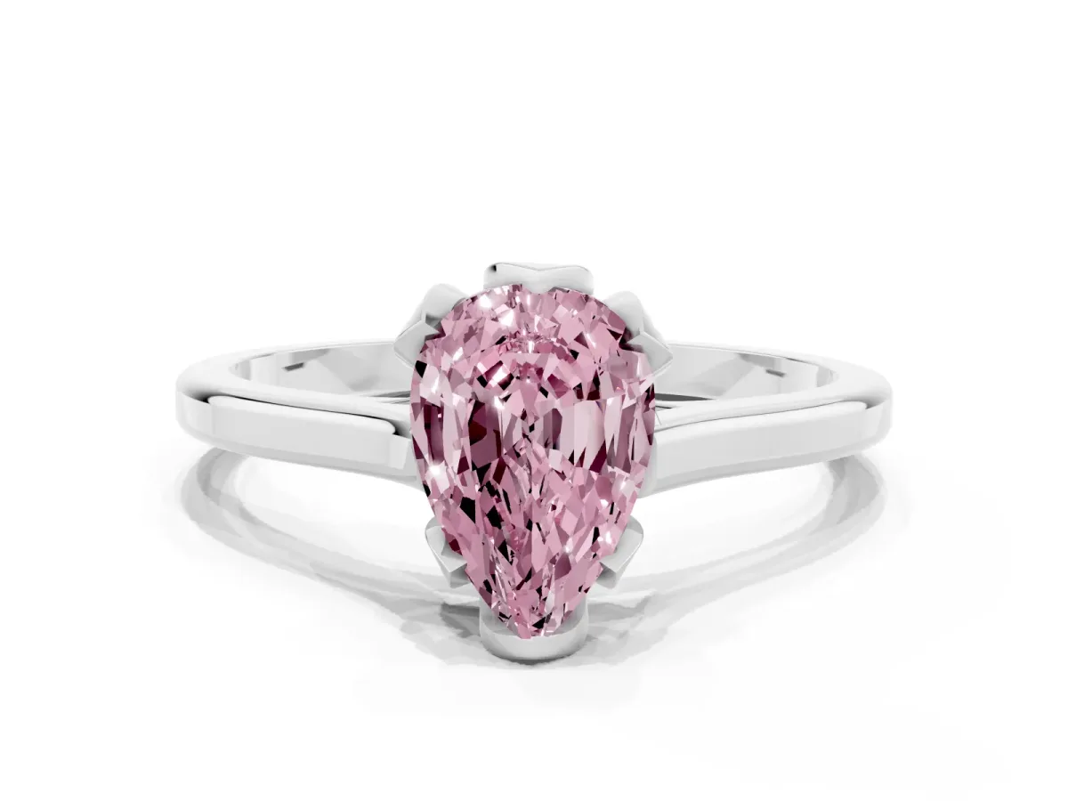 Fancy Pink Pear Cut Diamond Solitaire Ring with Flower Prong Setting and Classic Band Silver