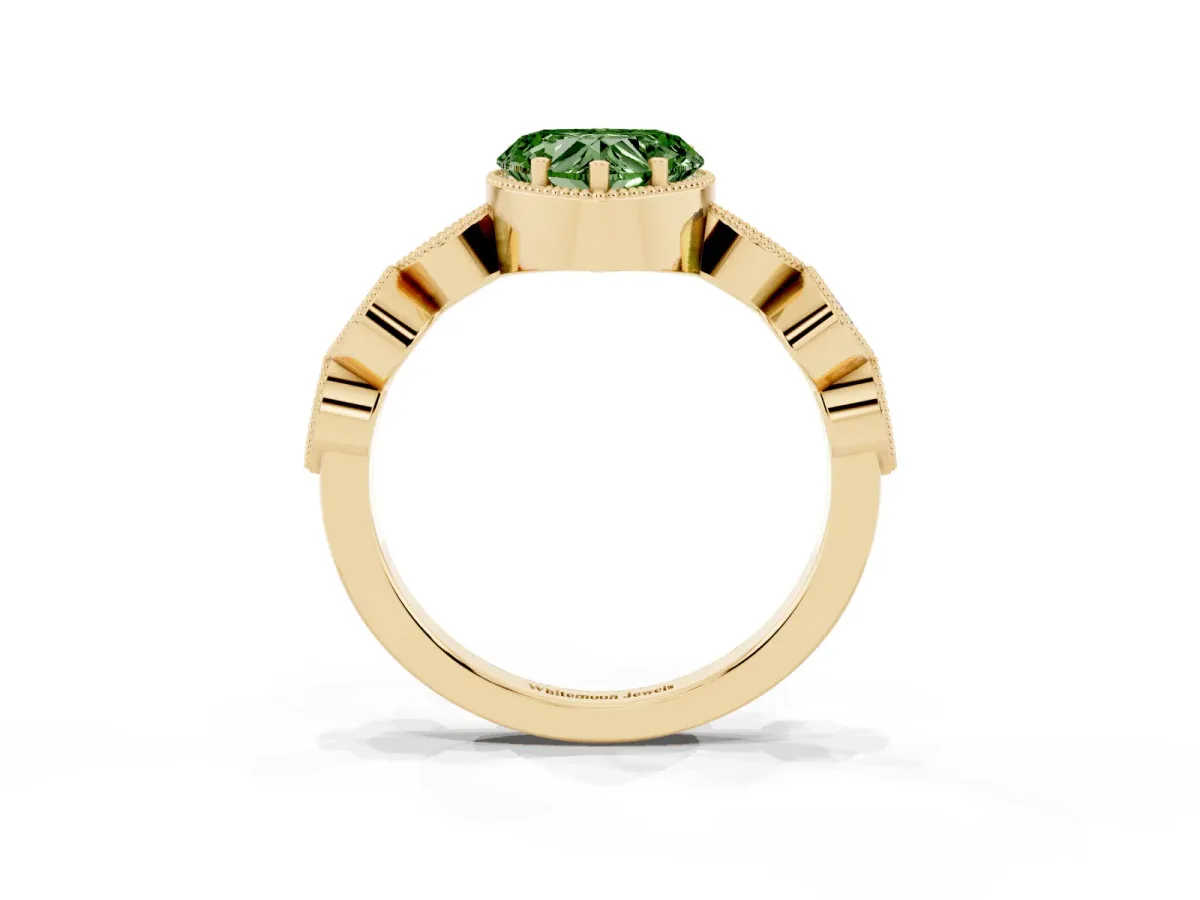 Fancy Green Heart Cut Diamond Vintage Milgrain Ring with Round Stations Yellow gold