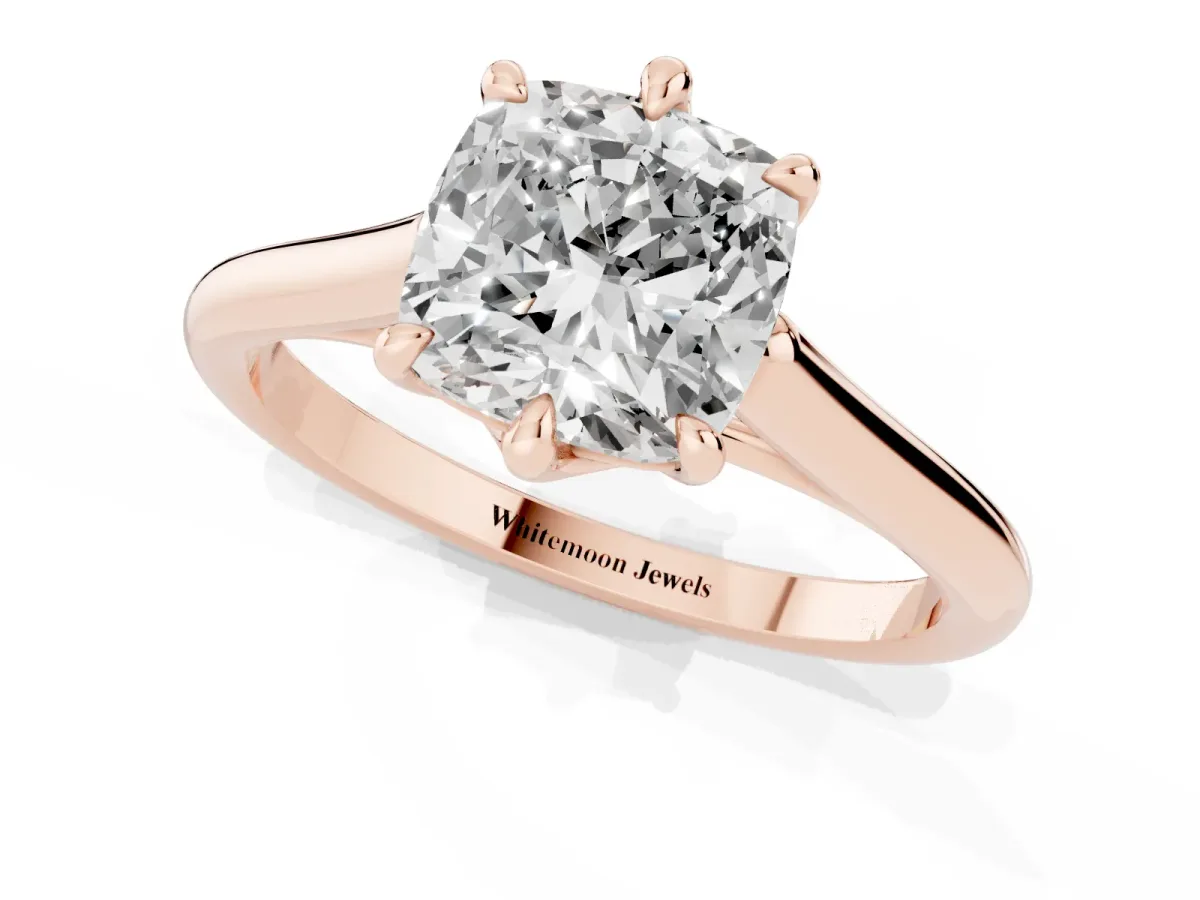 Cushion Cut Solitaire Engagement Ring with Six-Prong Setting and Classic Band Rose gold