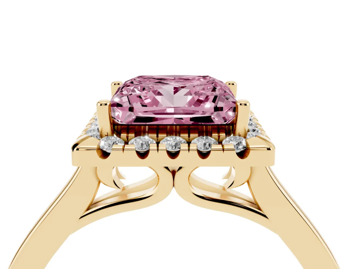 Fancy Pink Princess Cut Halo Round Diamond Solitaire Ring with Pavé Band and Four-Prong Setting Yellow gold