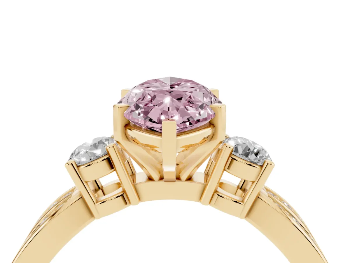Fancy Pink Three-Stone Marquise Cut Cut Diamond Twist Band with Prong Setting Yellow gold