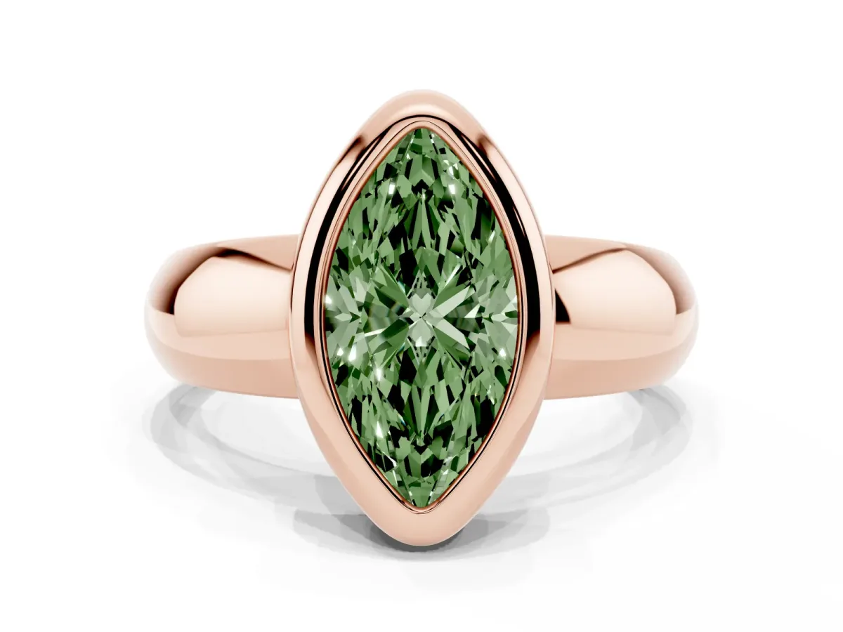 Fancy Green Bezel Set Marquise Cut Solitaire Ring with Wide Band Rose gold