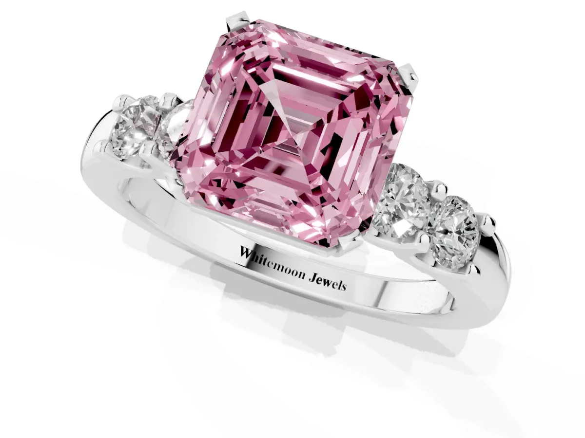 Fancy Pink Asscher Cut Brilliant Cut Diamond Five-Stone Prong Set Engagement Ring with Channel Band Silver