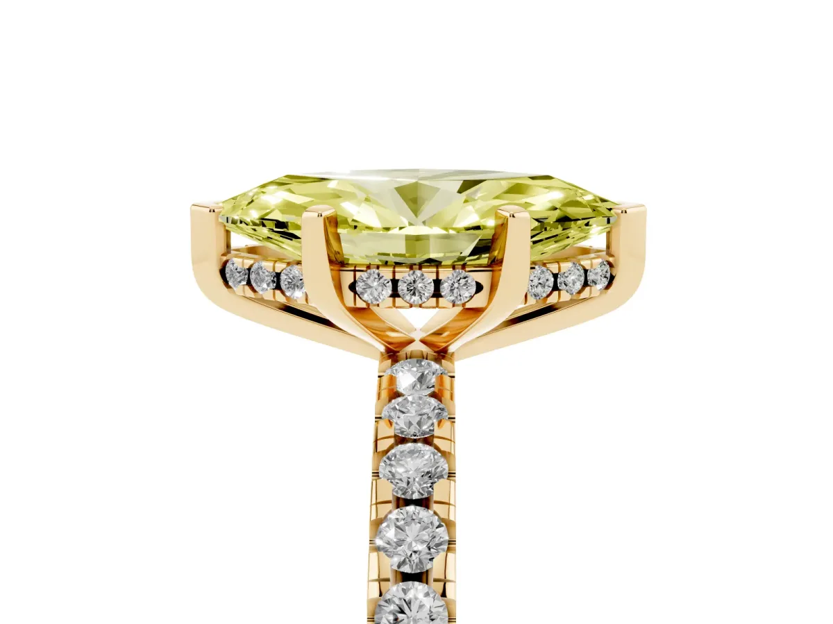 Fancy Yellow Marquise Cut Diamond Solitaire Ring with Round Pavé Band and Four-Prong Setting Yellow gold