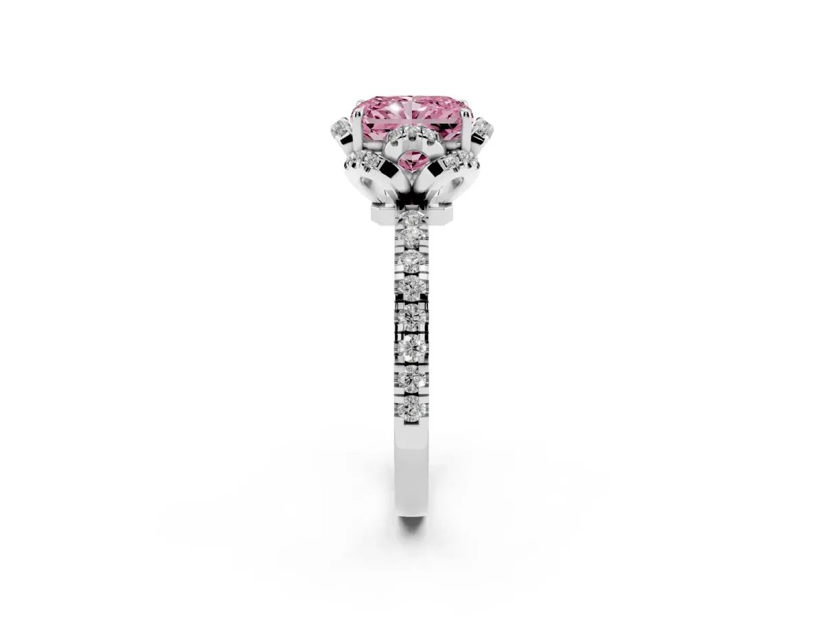 Fancy Pink Radiant Cut Diamond Halo Pave Band with Four-Prong Setting White gold
