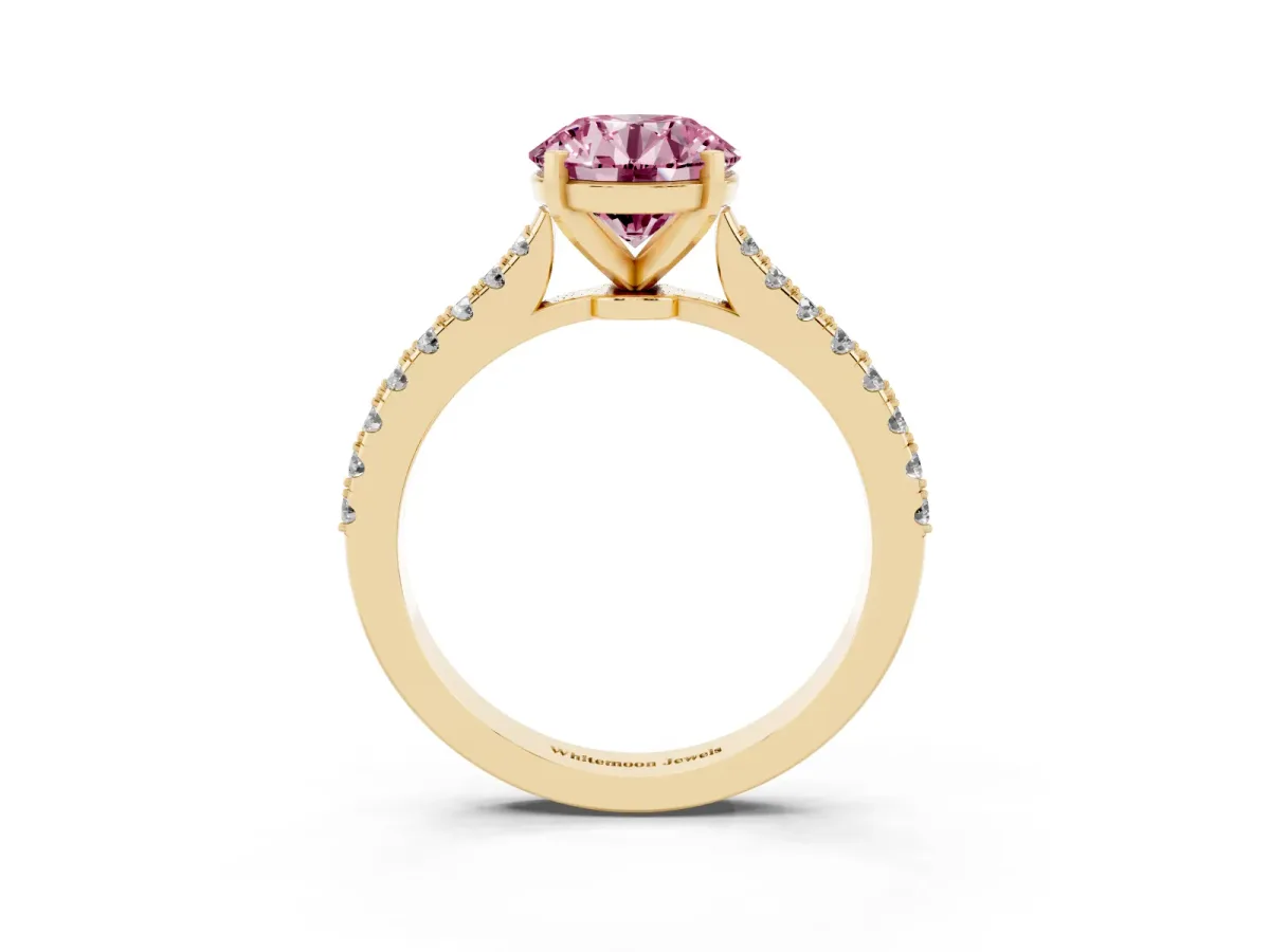 Fancy Pink Round Cut Cut Solitaire Diamond Engagement Ring with Pave Band and Four-Prong Setting Yellow gold