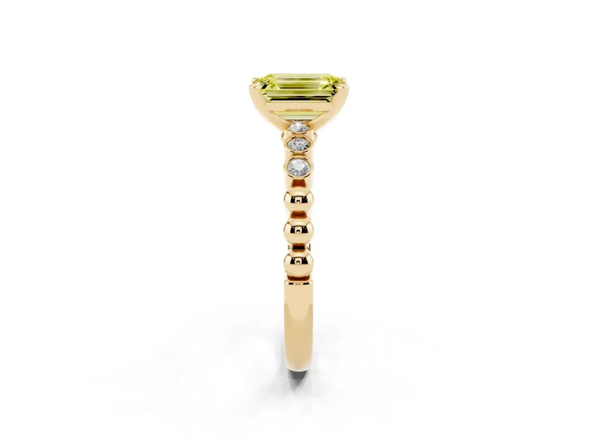 Fancy Yellow Emerald Cut Solitaire Bezel Accent Diamond Engagement Ring with Beaded Band and Four-Prong Setting Yellow gold