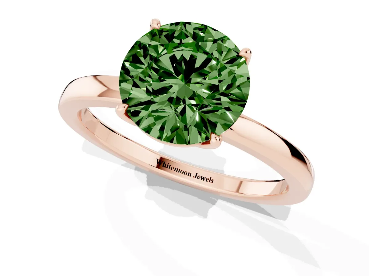 Fancy Green Round Cut Diamond Solitaire Ring with Thin Band and Prong Setting Rose gold
