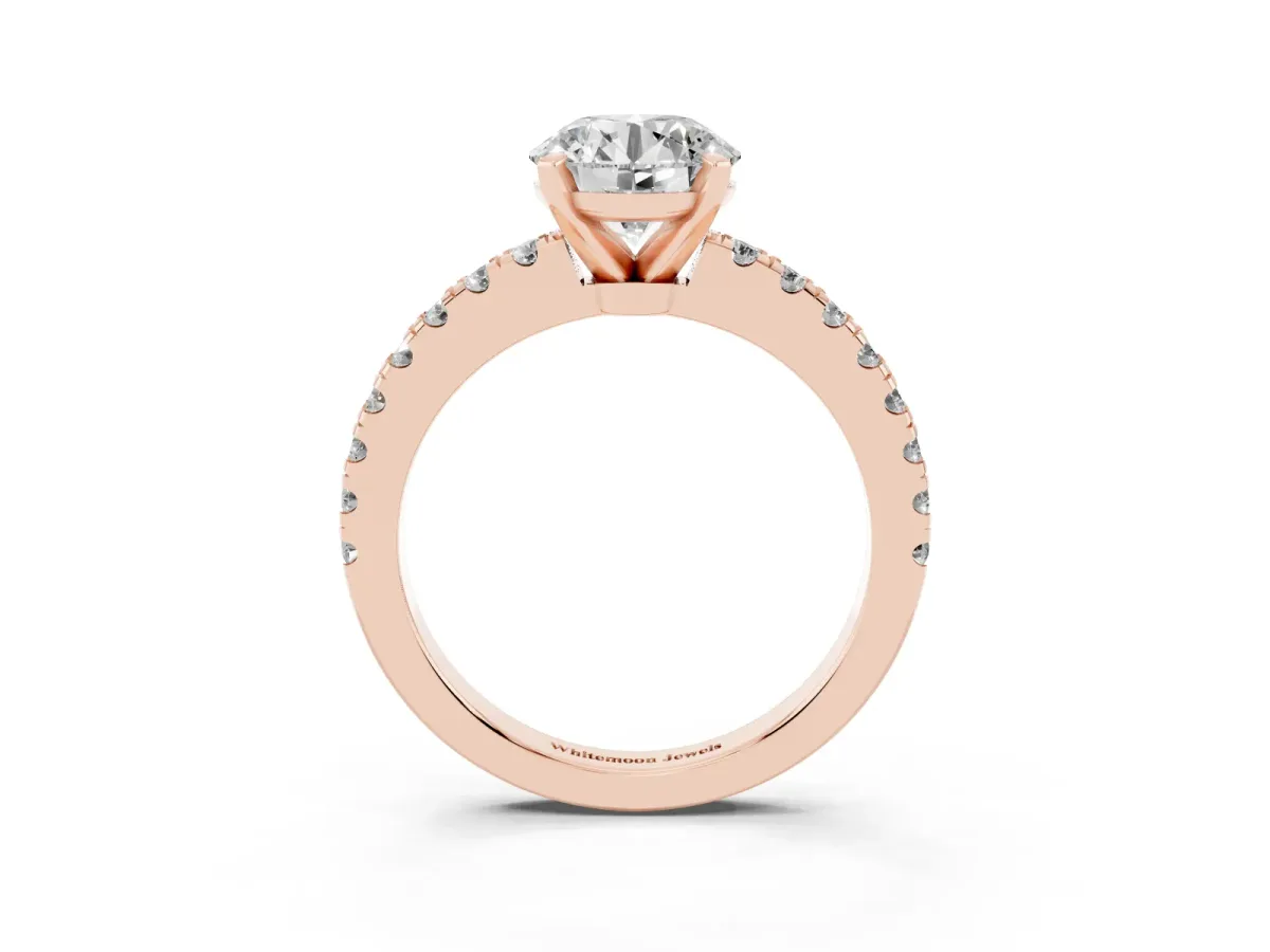 Round Cut Solitaire Diamond with Pavé Band and Four-Prong Setting Rose gold