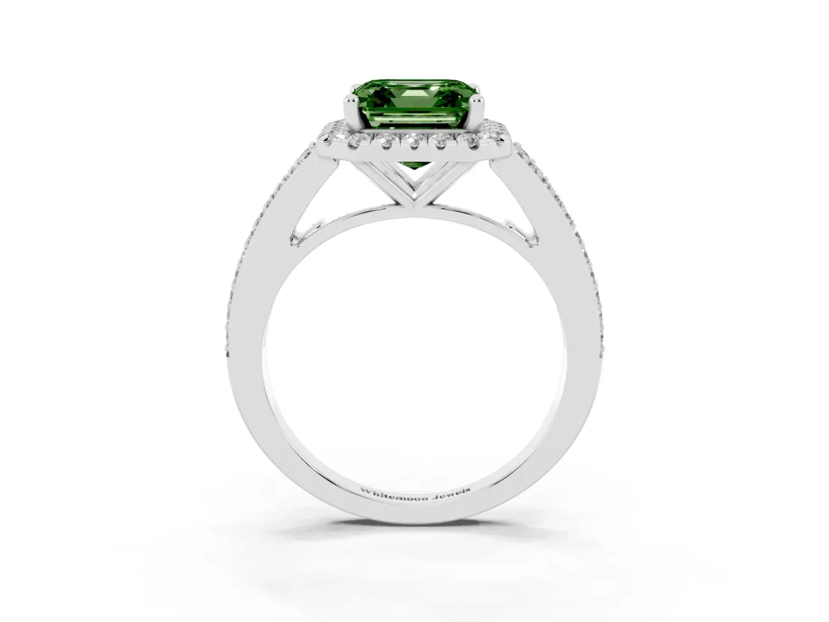 Fancy Green Asscher Cut Halo Split Shank Diamond Ring with Prong Setting Silver