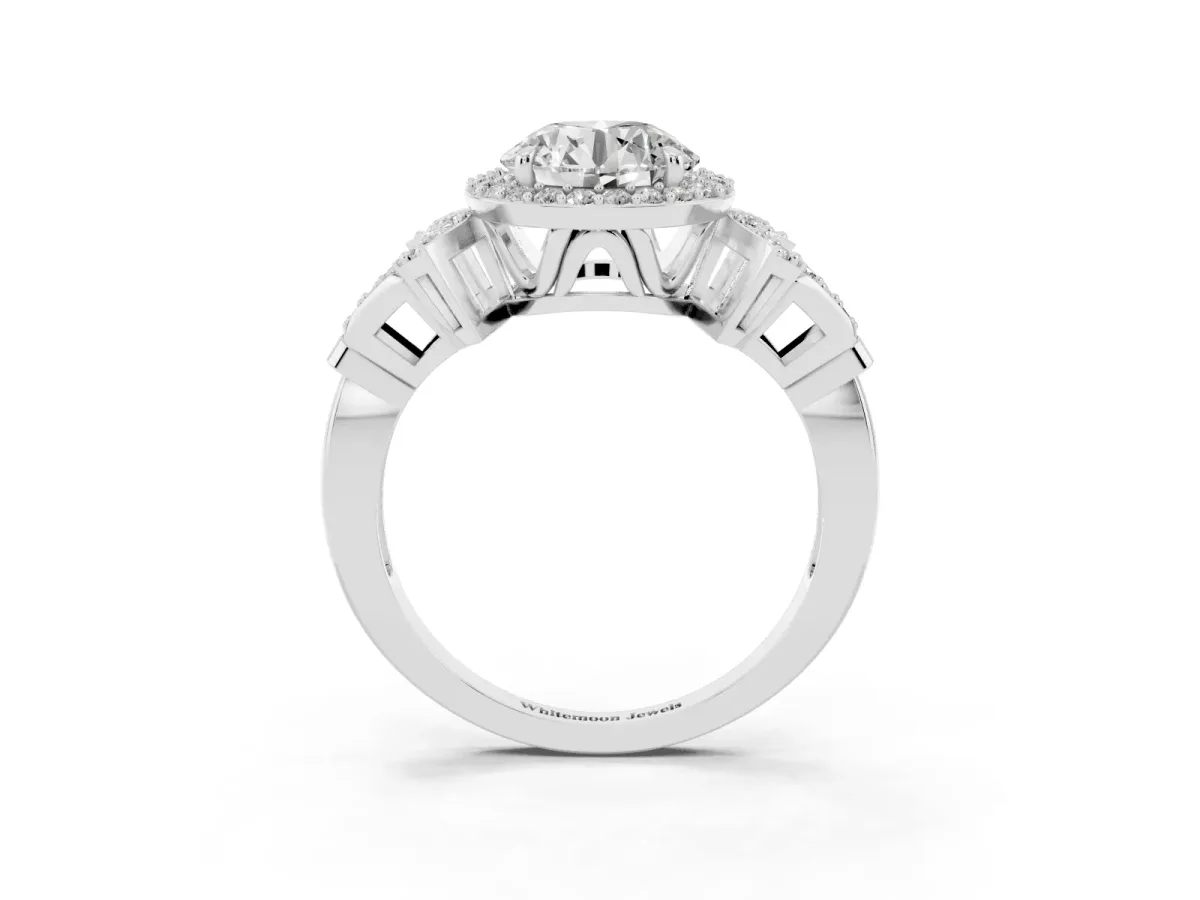 Round Cut Halo Diamond Split Shank Engagement Ring with Four-Prong Setting Silver