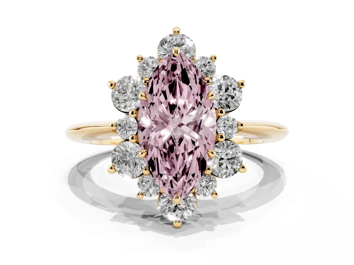 Fancy Pink Marquise Cut Diamond Cluster Halo Ring with Solitaire Band and Four-Prong Setting Yellow gold