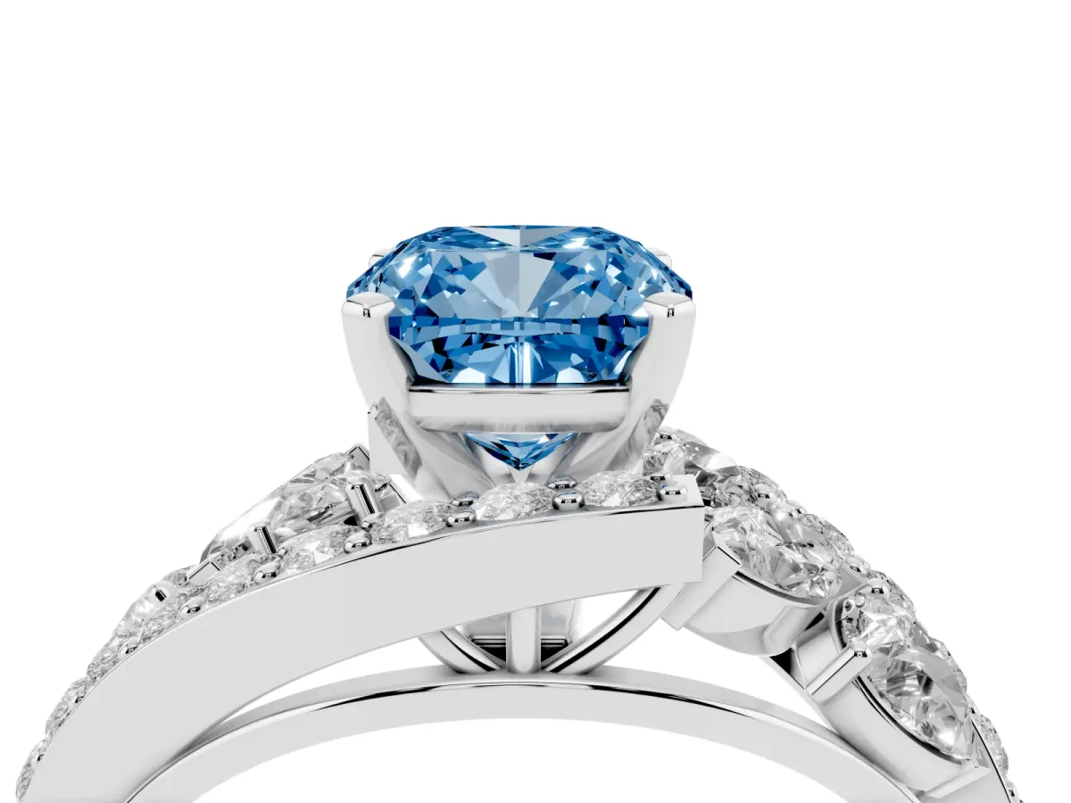 Fancy Blue Cushion Cut Diamond Halo Ring with Marquise and Pavé Band in Prong Setting Silver