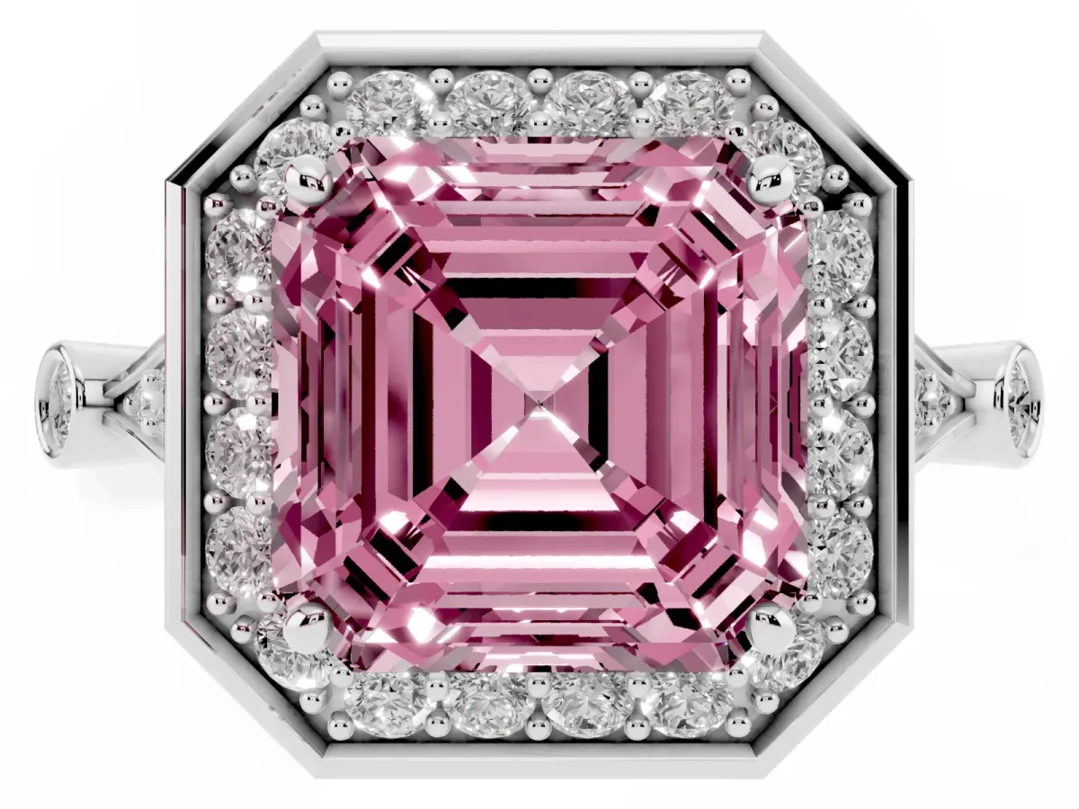 Fancy Pink Asscher Cut Halo Diamond Engagement Ring with Twisted Band and Four-Prong Setting White gold