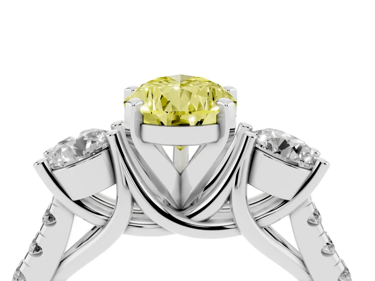Fancy Yellow Three-Stone Pear Cut Diamond Pavé Band with Four-Prong Setting Platinum