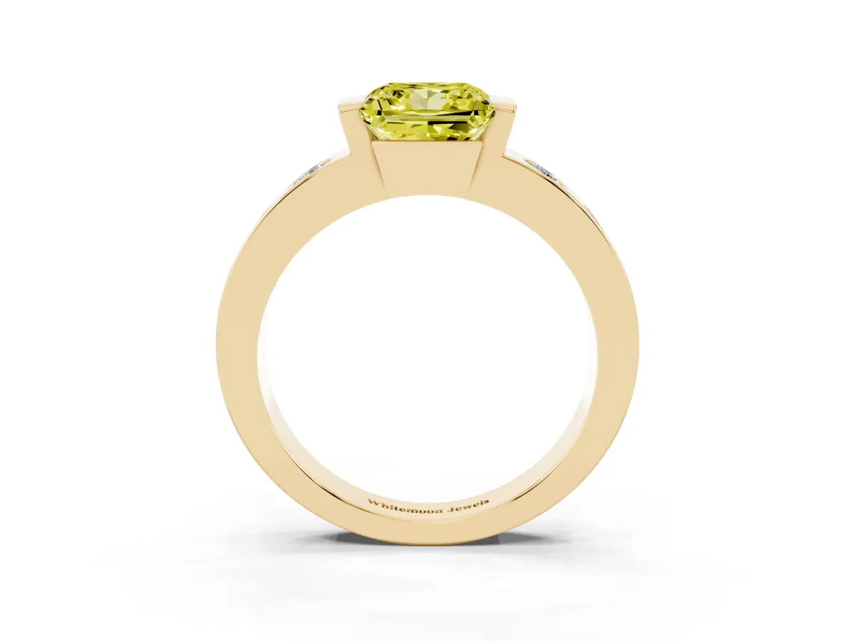 Fancy Yellow Princess Cut Brilliant Channel-Set Diamond Ring with Bezel Prong Setting Yellow gold