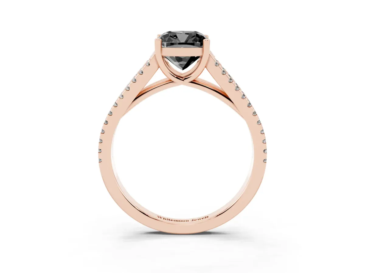 Fancy Black Cushion Cut Diamond Solitaire Engagement Ring with Split Shank Pavé Band Rose gold