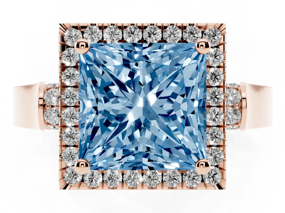 Fancy Blue Princess Cut Halo Round Diamond Twist Band with Four-Prong Setting Rose gold