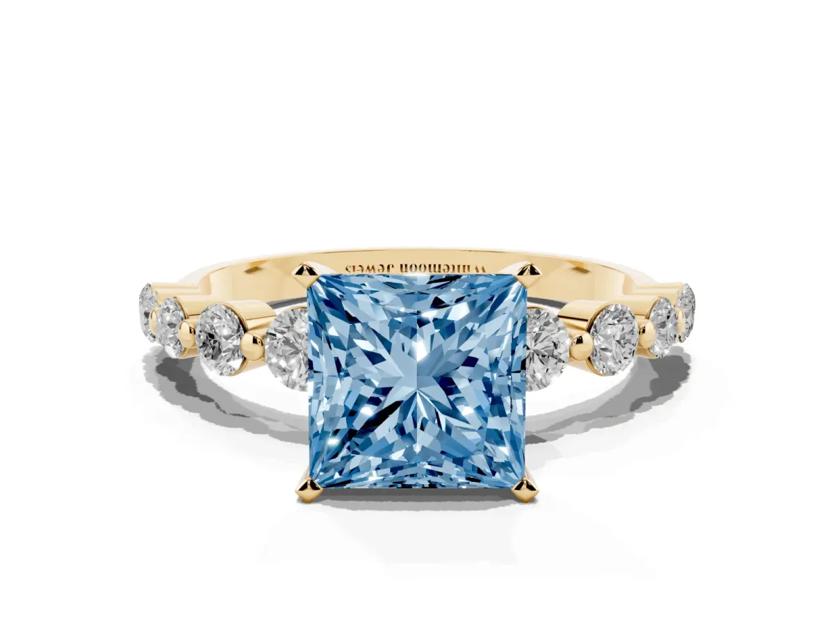 Fancy Blue Princess Cut Solitaire Diamond Ring with Pave Band and Four-Prong Setting Yellow gold