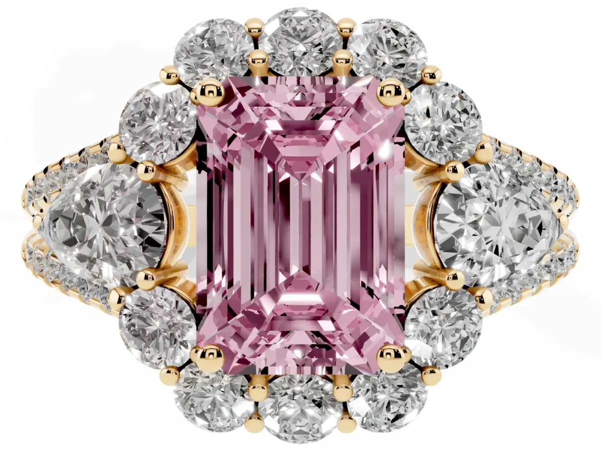 Fancy Pink Emerald Cut Halo Split Shank Diamond Engagement Ring with Prong Setting Yellow gold