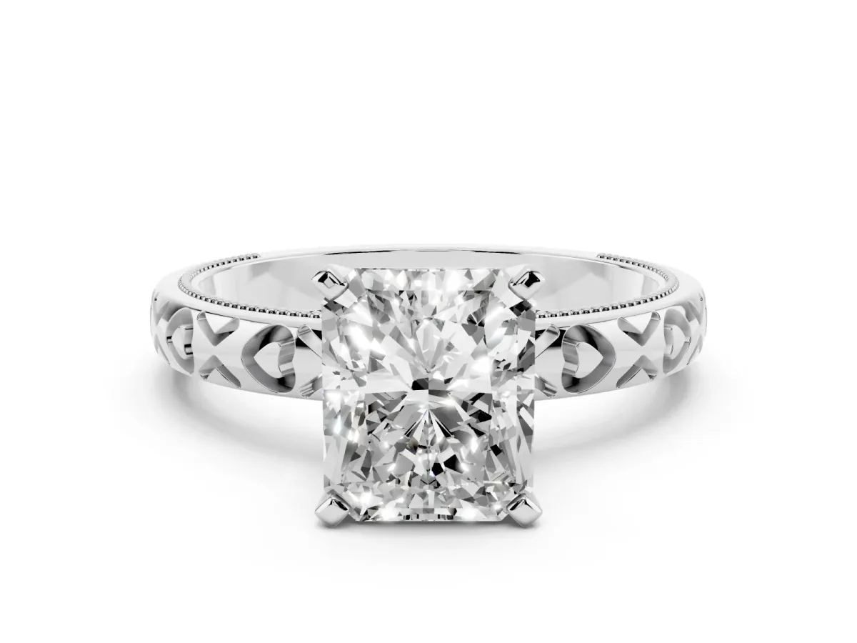 Radiant Cut Solitaire Diamond Engagement Ring with XO Engraved Band and Four-Prong Setting Silver