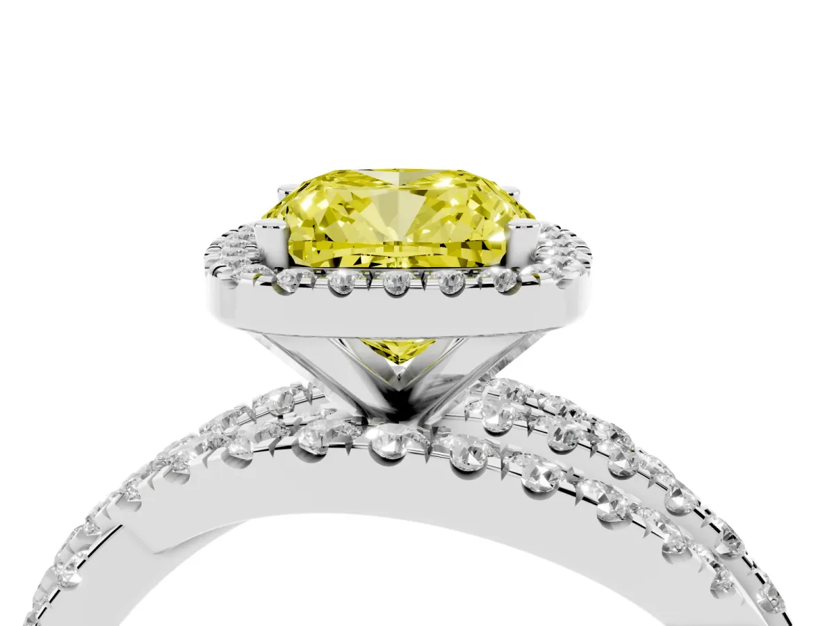 Fancy Yellow Cushion Cut Diamond Halo Ring with Round Split Shank and Prong Setting Silver