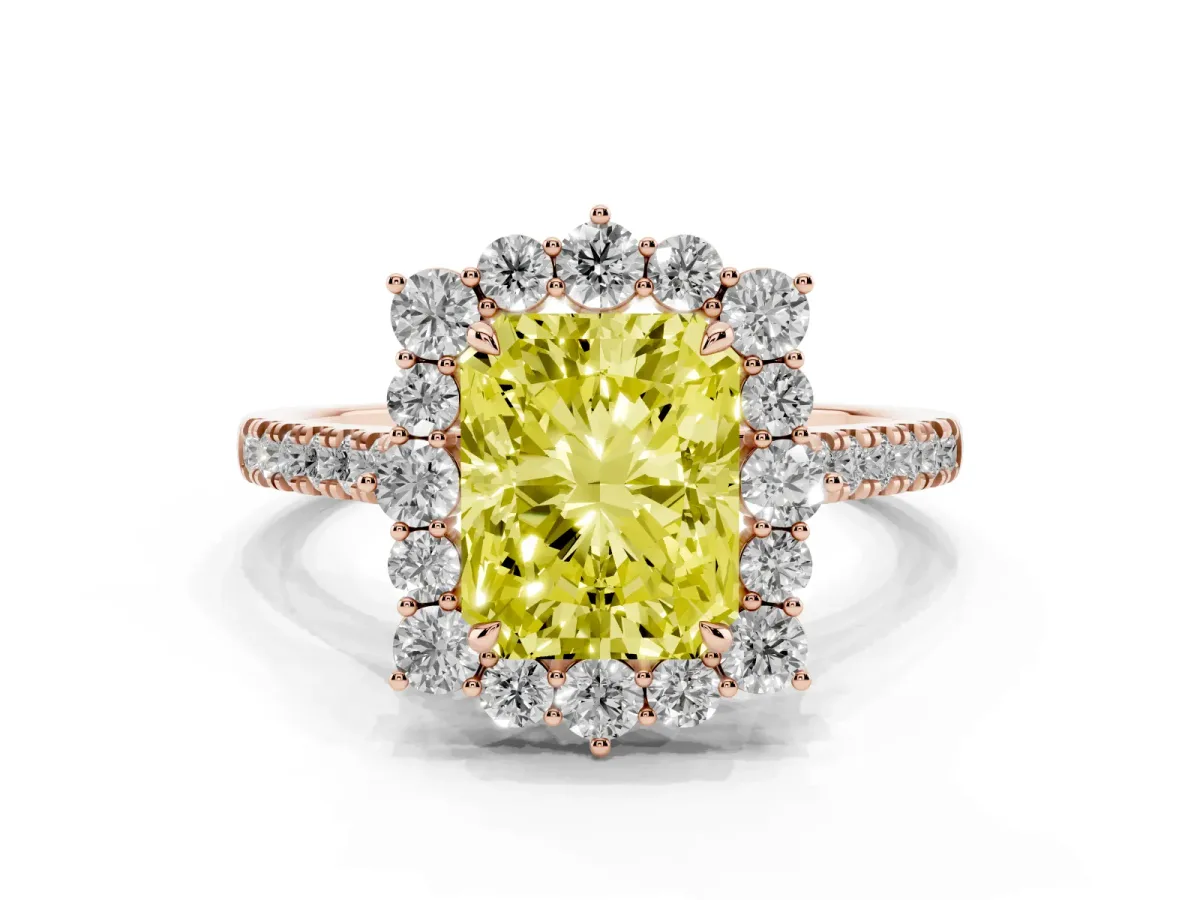 Fancy Yellow Radiant Cut Halo Diamond Ring with Pavé Band and Prong Setting Rose gold