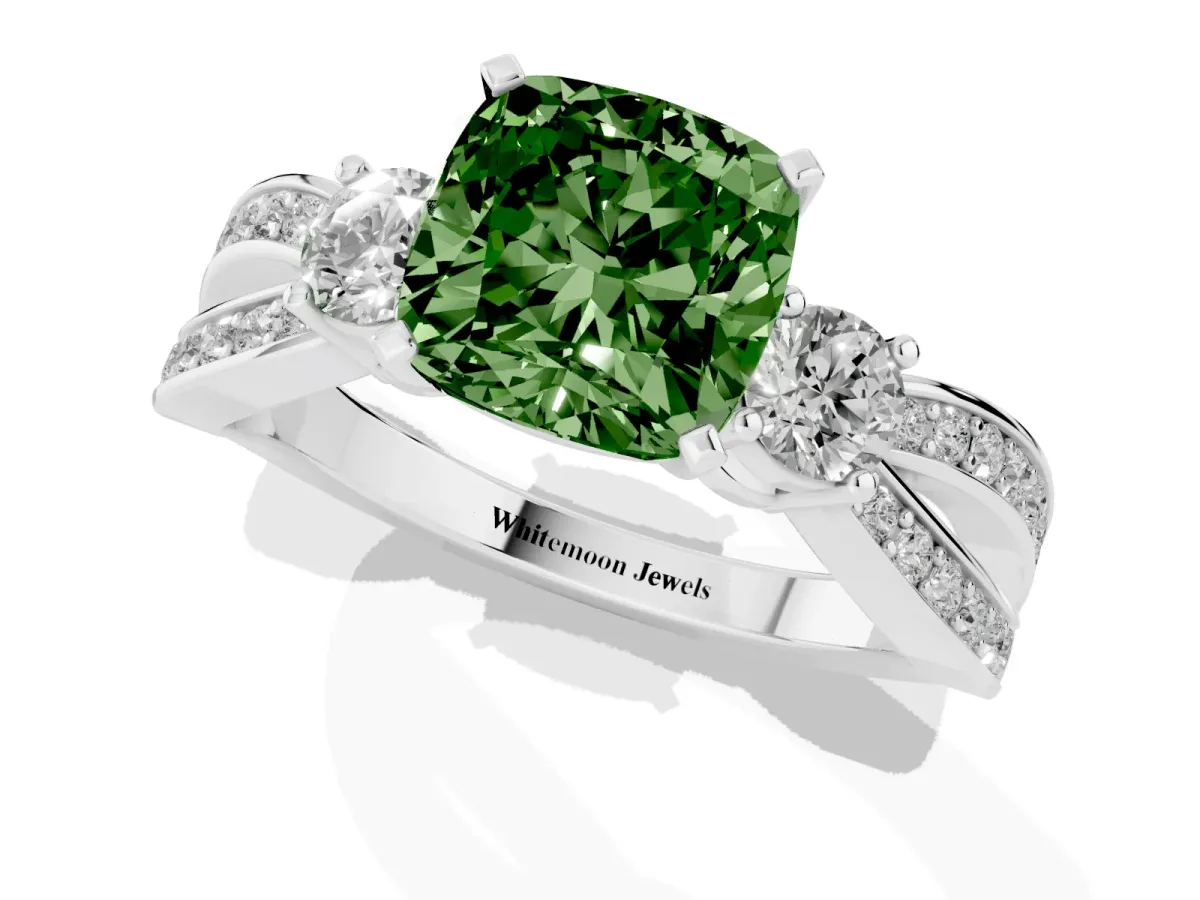 Fancy Green Three-Stone Cushion Cut Cut Diamond Twist Band with Prong Setting Platinum