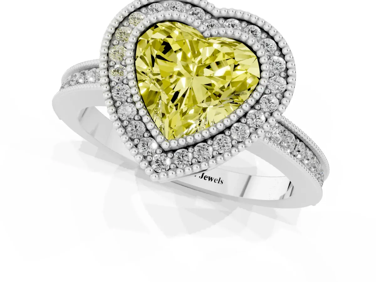 Fancy Yellow Heart Cut Cut Halo Diamond Ring with Pavé Band and Milgrain Prong Setting Platinum