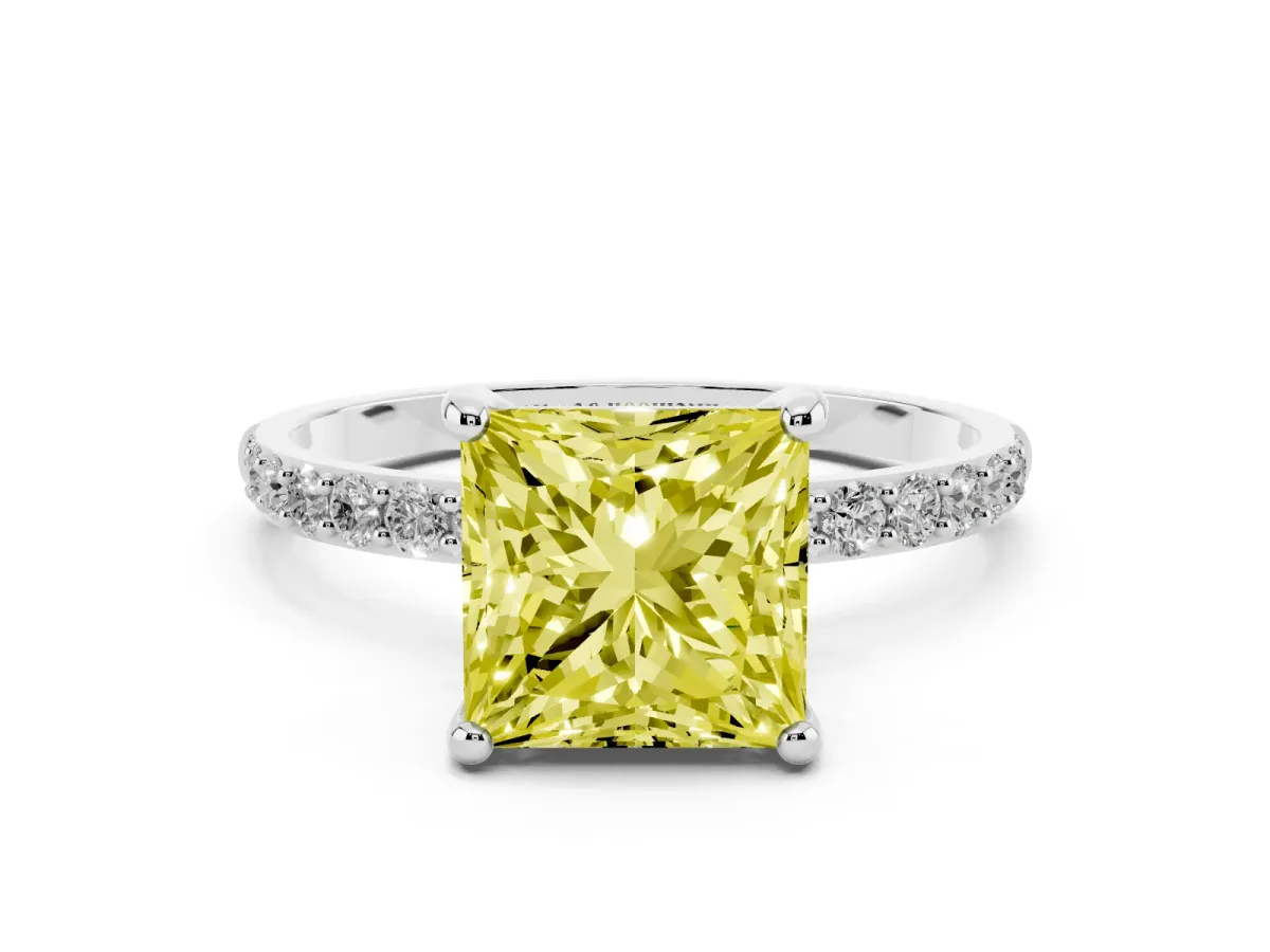 Fancy Yellow Princess Cut Diamond Solitaire Ring with Round Pavé Band and Prong Setting Silver