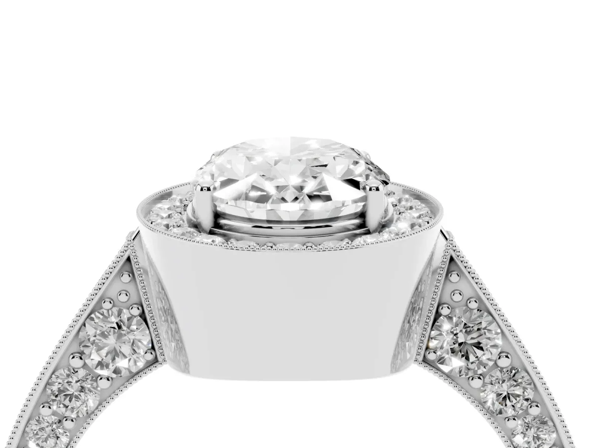 Oval Cut Halo Diamond Engagement Ring with Split Shank Band and Four-Prong Setting Silver