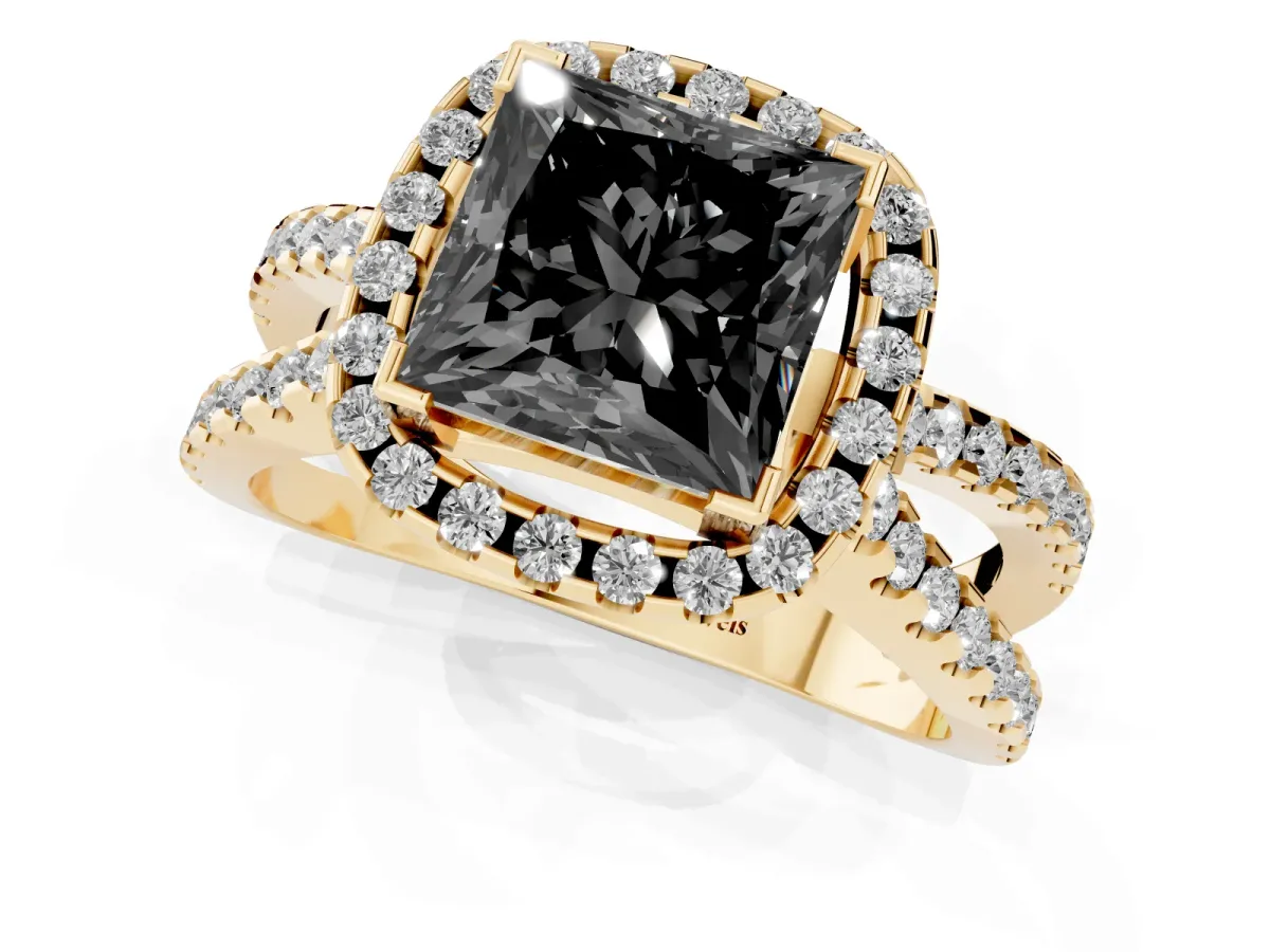 Fancy Black Princess Cut Diamond Halo Ring with Split Shank Pavé Band and Prong Setting Yellow gold