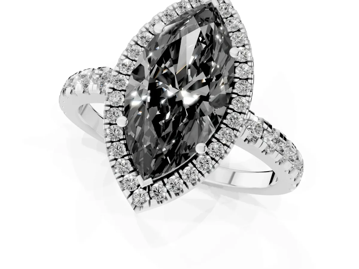 Fancy Black Marquise Cut Diamond Halo Ring with Pavé Band and Four-Prong Setting Platinum