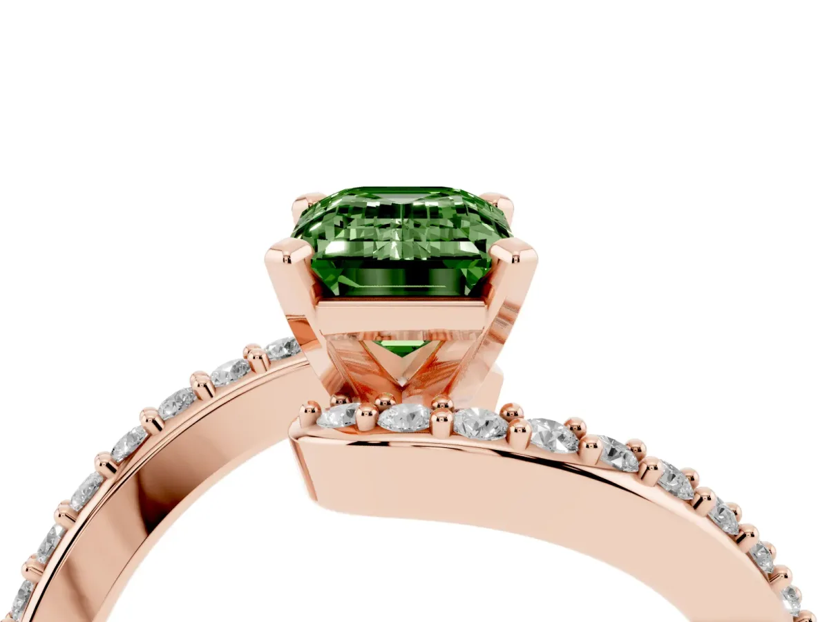 Fancy Green Emerald Cut Solitaire Twist Band with Pave Set Diamonds and Four-Prong Setting Rose gold