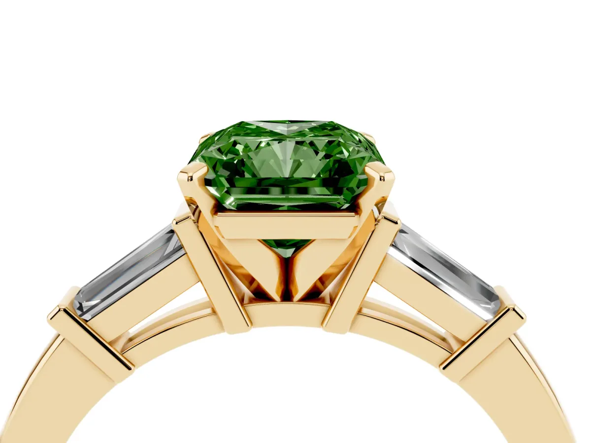 Fancy Green Radiant Cut Cut Diamond Solitaire Ring with Tapered Baguette Accents and Four-Prong Setting Yellow gold