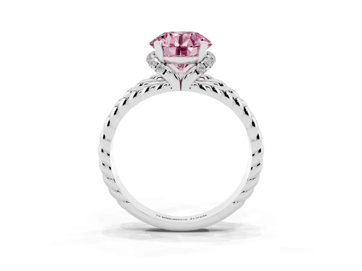 Fancy Pink Round Cut Halo Twisted Band Four-Prong Ring Silver