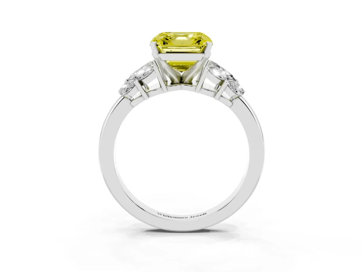 Fancy Yellow Asscher Cut Diamond Cluster Leaf Design Ring with Prong Setting Silver